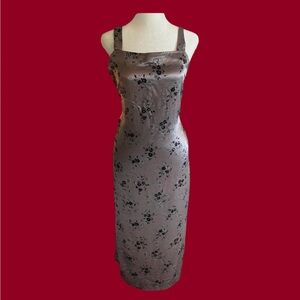 Vintage silk/satin slip dress bodycon dress grey & black floral pattern
